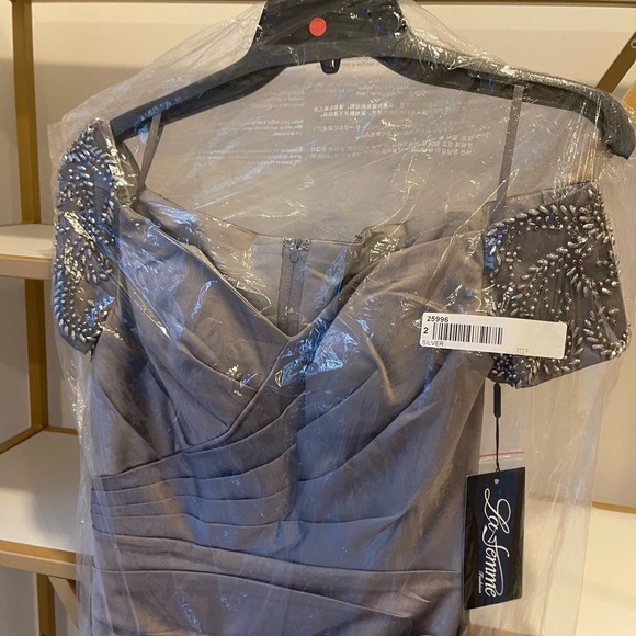 La Femme Off the Shoulder Beaded Satin Trumpet Gown - Picture 5 of 7